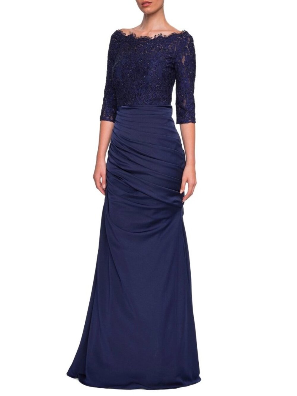 NWT $640 La Femme Sparkle Lace Trumpet Gown Navy Blue Size 14